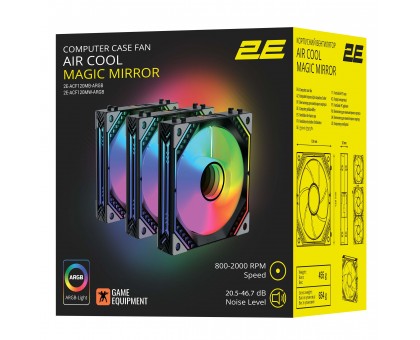 Корпусные вентиляторы 2E GAMING Air Cool Magic Mirror ACF120MB-ARGB, 3x120мм, 2000rpm, 4pin PWM +5VARGB, 20.5dBa, чёрный