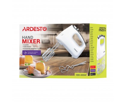 Миксер Ardesto ручной 400Вт, насадки-4, турборежим, белый Миксер Ardesto ручной 400Вт, насадки-4, турборежим, белый