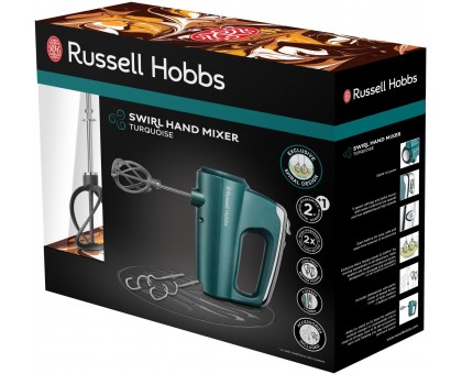 Миксер Russell Hobbs ручной Turquoise, 350Вт, насадки-4, турбо, бирюзовый Миксер Russell Hobbs ручной Turquoise, 350Вт, насадки-4, турбо, бирюзовый