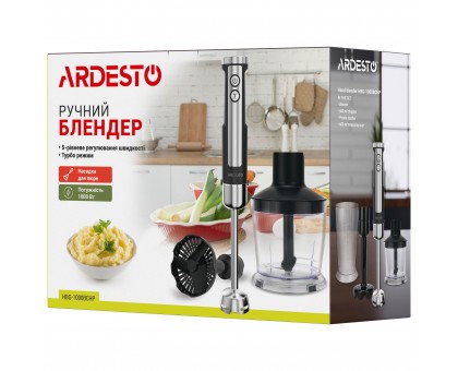 Блендер Ardesto погружной 1000Вт, 3в1, чаша-600мл, чопер-500мл, насадка для пюре, черно-серебристый Блендер Ardesto погружной 1000Вт, 3в1, чаша-600мл, чопер-500мл, насадка для пюре, черно-серебристый