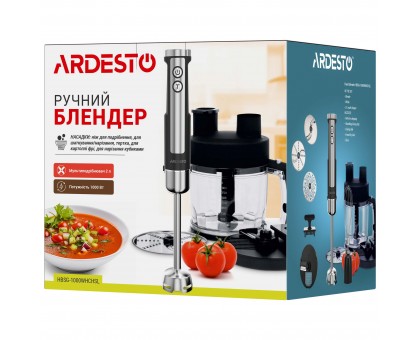 Блендер Ardesto заглибний 1000Вт, 7в1, чаша-2000мл, насадка для нарізання кубиками, чорно-сріблястий Блендер Ardesto заглибний 1000Вт, 7в1, чаша-2000мл, насадка для нарізання кубиками, чорно-сріблястий