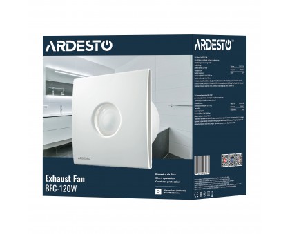 Вытяжной вентилятор Ardesto 20 Вт, 120 м3/ч, 2300 об/мин, 33 дБ, белый Вытяжной вентилятор Ardesto 20 Вт, 120 м3/ч, 2300 об/мин, 33 дБ, белый