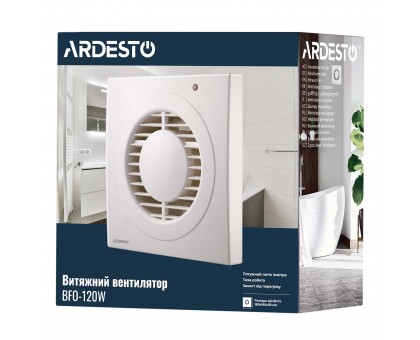 Вытяжной вентилятор Ardesto 20 Вт, 150 м3/ч, 2300 об/мин, 35 дБ, белый Вытяжной вентилятор Ardesto 20 Вт, 150 м3/ч, 2300 об/мин, 35 дБ, белый
