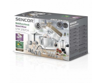 Кухонна машина Sencor 1200Вт, чаша-метал, корпус-пластик, насадок-19, коричнево-білий Кухонна машина Sencor 1200Вт, чаша-метал, корпус-пластик, насадок-19, коричнево-білий