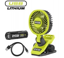 Вентилятор аккумуляторный клипса Ryobi USB Lithium RCF4-120G 4В 1х2А·ч 3800об·мин вращение 325° поворот 180° 2 скорости 0.29кг
