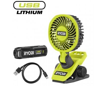 Вентилятор аккумуляторный клипса Ryobi USB Lithium RCF4-120G 4В 1х2А·ч 3800об·мин вращение 325° поворот 180° 2 скорости 0.29кг