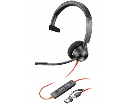 Гарнітура комп'ютерна моно On-ear Poly Blackwire 3310-M, USB-A, USB-C, всеспрямований, Microsoft Teams, чорний Гарнітура комп'ютерна моно On-ear Poly Blackwire 3310-M, USB-A, USB-C, всеспрямований, Microsoft Teams, чорний