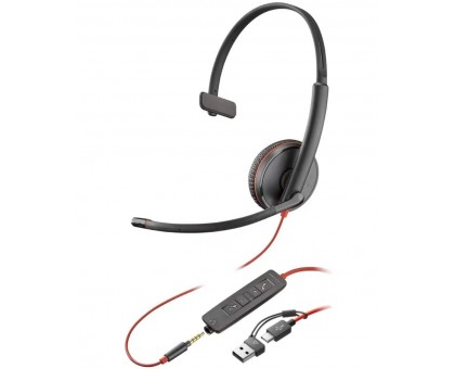 Гарнітура комп'ютерна моно On-ear Poly Blackwire 3215, USB-A, USB-C, 3.5 мм, всеспрямований, чорний Гарнітура комп'ютерна моно On-ear Poly Blackwire 3215, USB-A, USB-C, 3.5 мм, всеспрямований, чорний