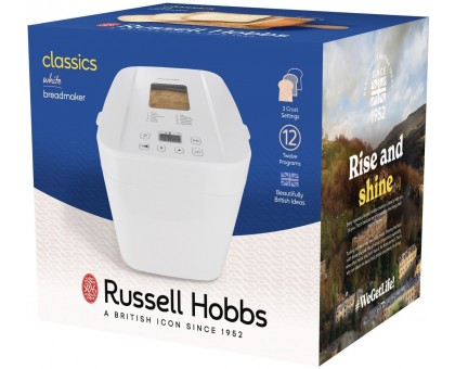 Хлебопечка Russell Hobbs 600Вт, программ-12, макс.вес -1кг, форма-прямоугольник, пластик, белый Хлебопечка Russell Hobbs 600Вт, программ-12, макс.вес -1кг, форма-прямоугольник, пластик, белый