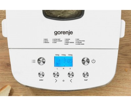 Хлебопечка Gorenje 750Вт, программ-14, макс.вес -1.350кг, форма прямоугольник, пластик, белый