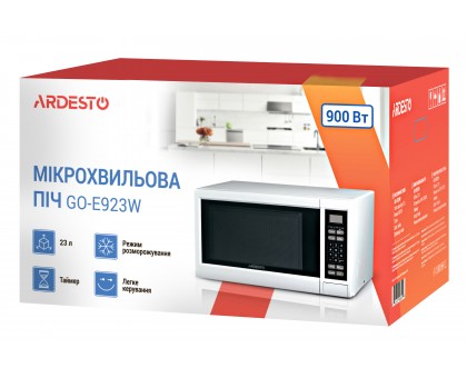 Микроволновая печь ARDESTO, 23л, электр. управл., 900Вт, дисплей, откр.кнопкой, белый