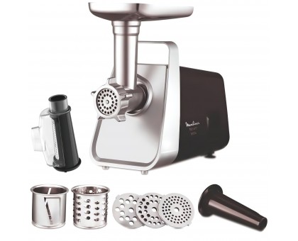 Мясорубка Moulinex, 1600Вт, 1.9кг/мин, 3 решетки, насадка для колбас, кеббе, томатов, пластик/металл, черно-серерый