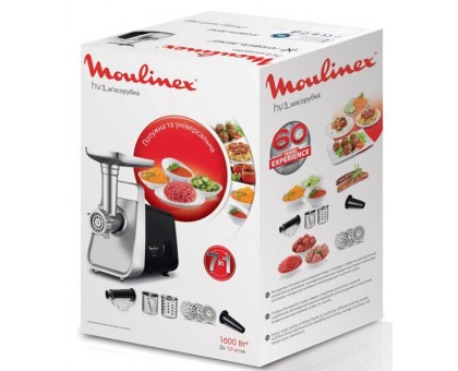 Мясорубка Moulinex, 1600Вт, 1.9кг/мин, 3 решетки, насадка для колбас, кеббе, томатов, пластик/металл, черно-серерый