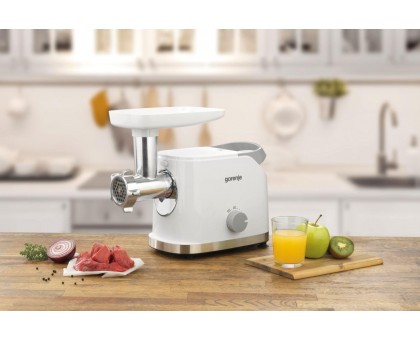 М'ясорубка Gorenje, 1800Вт, 2.1кг/хв, 2 решітки, насадка для ковбас, кеббе, томатів, 3 терки, пластик/метал, білий М'ясорубка Gorenje, 1800Вт, 2.1кг/хв, 2 решітки, насадка для ковбас, кеббе, томатів, 3 терки, пластик/метал, білий