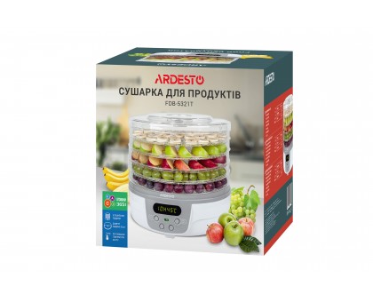 Сушарка для продуктів Ardesto FDB-5321T, 250Вт, піддонів -5x3см, діаметр-32см, макс-70°С, таймер, електр. управління, пластик , білий Сушарка для продуктів Ardesto FDB-5321T, 250Вт, піддонів -5x3см, діаметр-32см, макс-70°С, таймер, електр. управління, пластик , білий