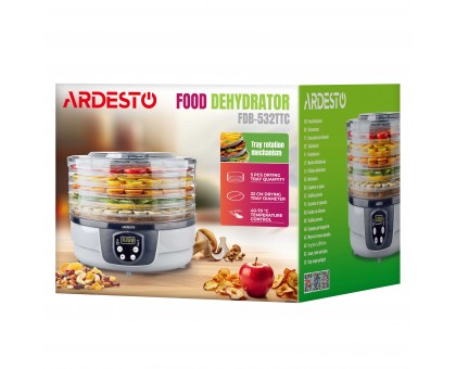 Сушарка для продуктів  Ardesto FDB-532TTC, 250Вт, піддонів -5x3см, діаметр-32см, макс-70°С, таймер, електр. управління, пластик , білий