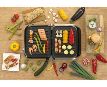 Гриль Gorenje прижимний 2100Вт, темп. режимів-7, з`ємні пластини, розкриття на 180°, метал, сірий