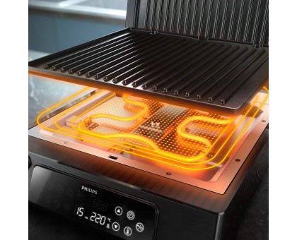 Гриль Philips прижимний Series 7000, 2200Вт, з`ємні пластини,термощуп, розкриття на 180°, метал, чорний Гриль Philips прижимний Series 7000, 2200Вт, з`ємні пластини,термощуп, розкриття на 180°, метал, чорний