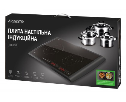 Плитка настільна Ardesto індукційна, конфорок - 2 на 1.3кВт + 1.6кВт горизонт., керування - сенсорне, таймер, чорний Плитка настільна Ardesto індукційна, конфорок - 2 на 1.3кВт + 1.6кВт горизонт., керування - сенсорне, таймер, чорний