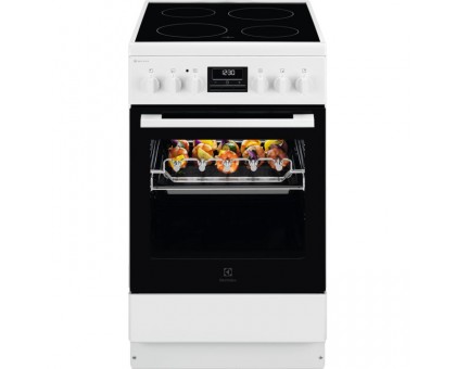 Плита Electrolux електрична склокерамічна, 57л, 50x60см, дисплей, конвекція, мангальна підставка, білий Плита Electrolux електрична склокерамічна, 57л, 50x60см, дисплей, конвекція, мангальна підставка, білий