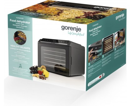 Сушарка для продуктів Gorenje FDK600DB 580Вт, піддонів - 6x1.5см, діаметр - 25см, макс - 75°С, дисплей, пластик+метал, чорний