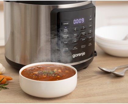 Мультиварка-скороварка Gorenje GMC6SBK, 1000Вт, чаша-6л, электронное управл., 8 програм, металл/пластик, черный-нерж Мультиварка-скороварка Gorenje GMC6SBK, 1000Вт, чаша-6л, электронное управл., 8 програм, металл/пластик, черный-нерж