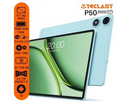 Планшет Teclast P50 (2025) 11" 8ГБ, 128ГБ, LTE, 7000мА•год, Android, голубой Планшет Teclast P50 (2025) 11" 8ГБ, 128ГБ, LTE, 7000мА•год, Android, голубой