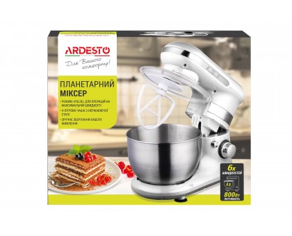 Миксер Ardesto планетарный 800Вт, насадки-3, чаша-нерж., металл, 4л, Pulse-режим, белый Миксер Ardesto планетарный 800Вт, насадки-3, чаша-нерж., металл, 4л, Pulse-режим, белый