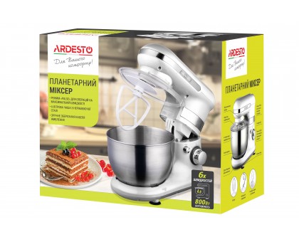 Миксер Ardesto планетарный 800Вт, насадки-3, чаша-нерж., металл, 4л, Pulse-режим, белый Миксер Ardesto планетарный 800Вт, насадки-3, чаша-нерж., металл, 4л, Pulse-режим, белый