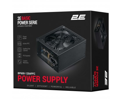 Блок питания 2E 2E-BP600-120APFC Basic Power  (600W), 80%, 120мм, 1xMB 24pin(20+4), 1xCPU 8pin(4+4), 3xMolex, 4xSATA, 2xPCIe 8pin(6+2)