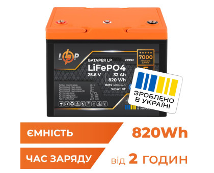 Аккумулятор LP LiFePO4 25,6V - 32 Ah (820Wh) (BMS 40A/32А) пластик Smart BT