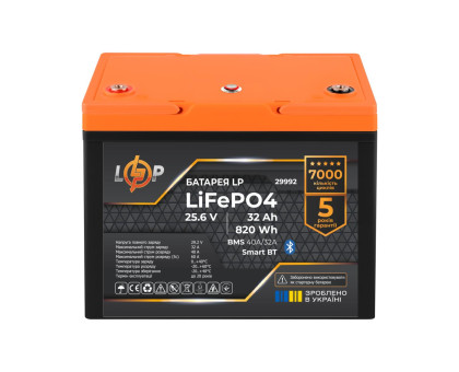 Аккумулятор LP LiFePO4 25,6V - 32 Ah (820Wh) (BMS 40A/32А) пластик Smart BT