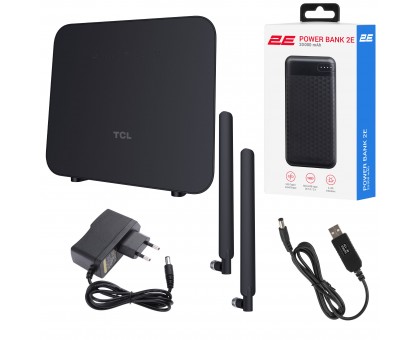 Маршрутизатор TCL 694743657296 LINKHUB (HH42CV2) LTE, Wi-Fi4, 1xFE LAN/WAN, 1xFE LAN, 2xSMA, Чорний + Power Bank 20000мА·год + USB-DC кабель 5В-12В