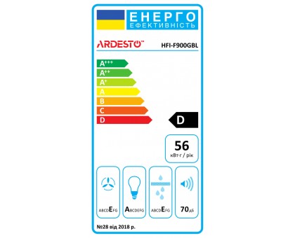 Витяжка Ardesto вбудована, 52см, 700м3ч,  скло, 2х1Вт LED, кнопкове, чорний