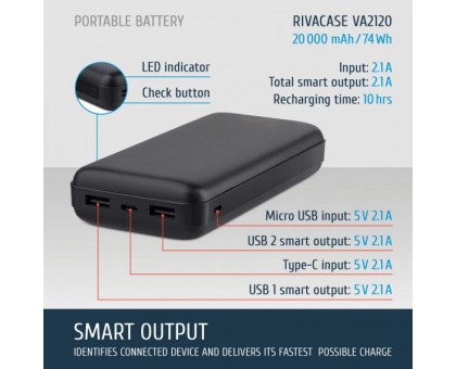 Акумуляторна батарея для зарядки портативних пристроїв VA2120, 20000 мА, чорний колір