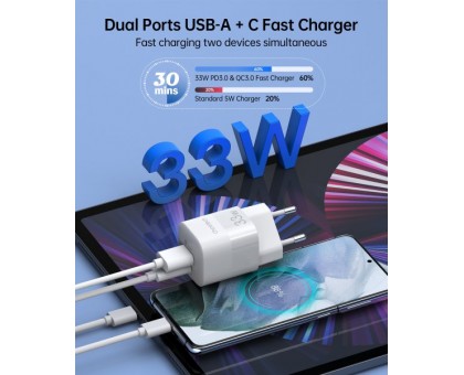Мережевий зарядний пристрій Choetech PD5006-EU-WH, USB-A/USB-С