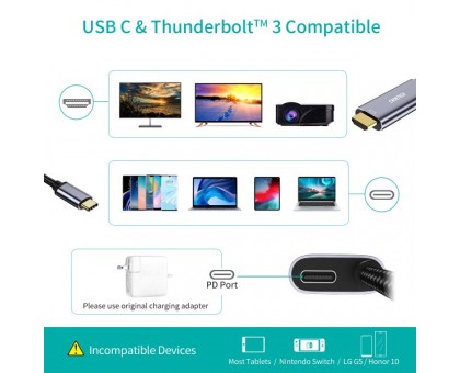 Кабель Choetech XCH-M180GY, USB-C на HDMI, 1.8м