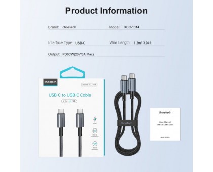 Кабель Choetech XCC-1014-BK, преміум якість USB 2.0 C-тато/C-тато, 1,2 м.