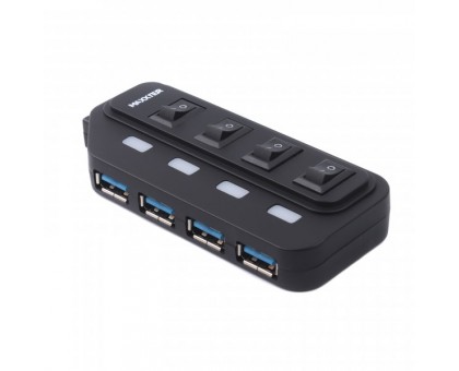 Хаб USB 2.0 HU2A-4P-AC-02 Type-A на 4 порта, 1м Type-B кабель, 5V1A зарядка в комплекте, пластик, черный
