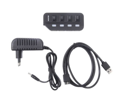 Хаб USB 2.0 HU2A-4P-AC-02 Type-A на 4 порта, 1м Type-B кабель, 5V1A зарядка в комплекте, пластик, черный