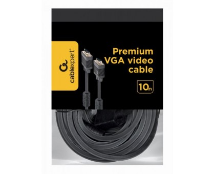 Кабель Cablexpert CC-PPVGA-10M-B, премиум качество, VGA 3+9C HD15M папа /HD15M папа, двойно-экранированный, с 2-мя ферритами, 10 м, черный цвет