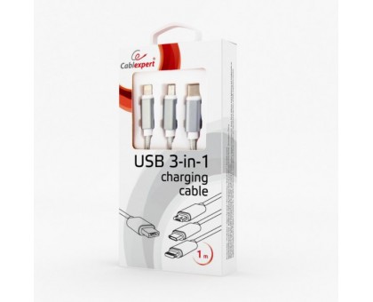 Зарядный кабель USB 3-в-1 Cablexpert CC-USB2-AM31-1M-S, AM-папа/Lightning/Micro/Type-C, 1.0м.