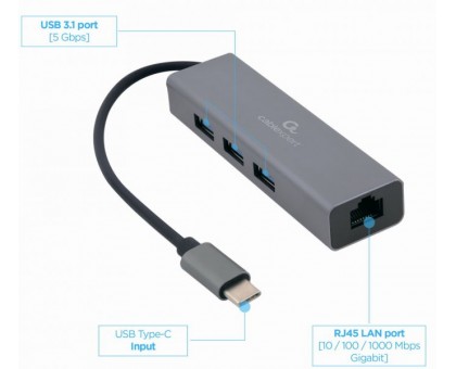 Адаптер Cablexpert A-CMU3-LAN-01, з USB Type-C на Gigabit Ethernet + хаб 3xUSB 3.1 Gen1