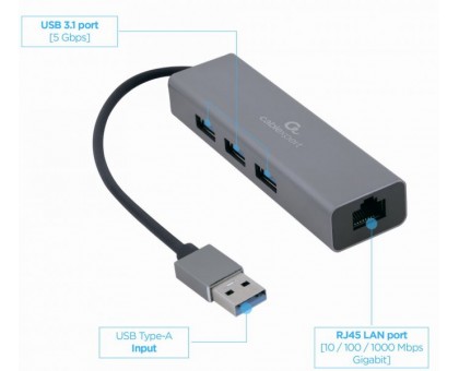 Адаптер Cablexpert A-AMU3-LAN-01, с USB-A на Gigabit Ethernet + хаб 3xUSB 3.1 Gen1