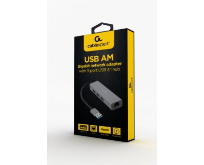 Адаптер Cablexpert A-AMU3-LAN-01, з USB-A на Gigabit Ethernet + хаб 3xUSB 3.1 Gen1