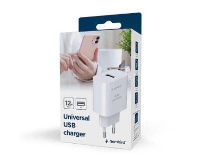 Мережевий зарядний пристрій Gembird TA-UC-1A12-01, 1 USB-A 5V/2.4A (12W), білий