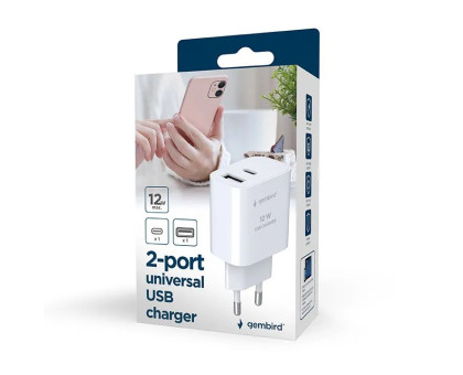 Мережевий зарядний пристрій Gembird TA-UC-2AC12-01, 1xUSB-A+1xUSB-C 5V/2.4A (12W), білий