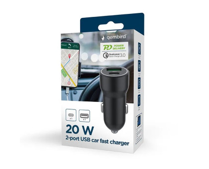 Автомобільний зарядний пристрій Gembird TA-UC-A2PDQC20-CAR-01, 1xUSB-A (18W QC3.0)+ 1xUSB-C (20W PD), чорний