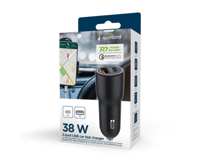 Автомобільний ЗП Gembird TA-UC-AC2PDQC38-CAR-01, 1xUSB-A (18W QC3.0) + 1xUSB-C (PD 20W), чорний