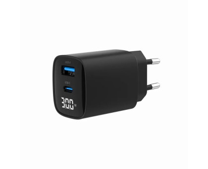 Мережевий ЗП Gembird TA-UC-PDQC30LCD-BK-01, 1 USB-A (QC3.0 18W) + 1 Type-C (PD20W), LCD, чорний
